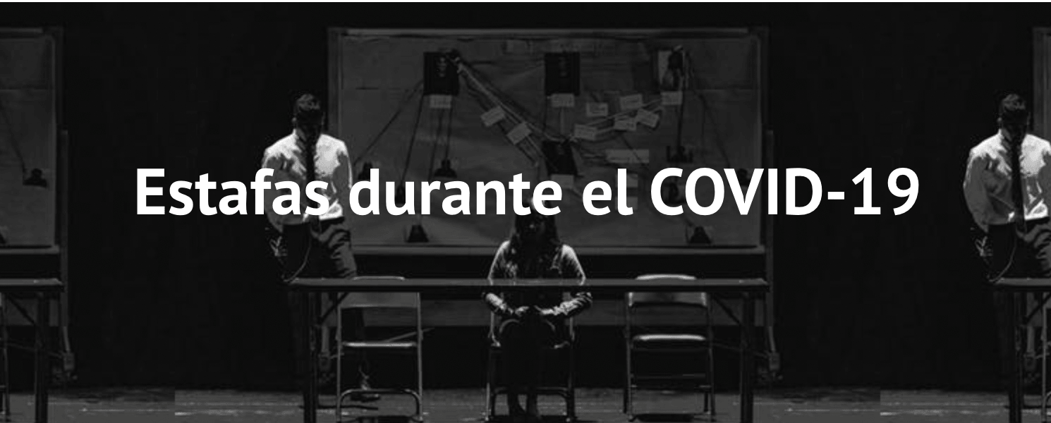 Obra de teatro con una escena de un juicio sobre estafas durante el COVID-19